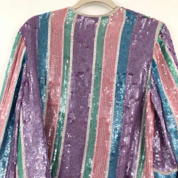 Saz Silk Sequin Jacket Pastel Colors Disco Stripes Pink Purple Blue - Picture 11 of 12
